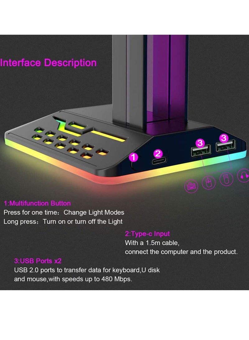 RGB Headphone Stand with 7 Light Modes, Headphone Holder with Type-c Input Port /2 USB Output Ports, Gaming Headset Stand with Non-Slip, Suitable for Gamer Gifts Earphones Accessories