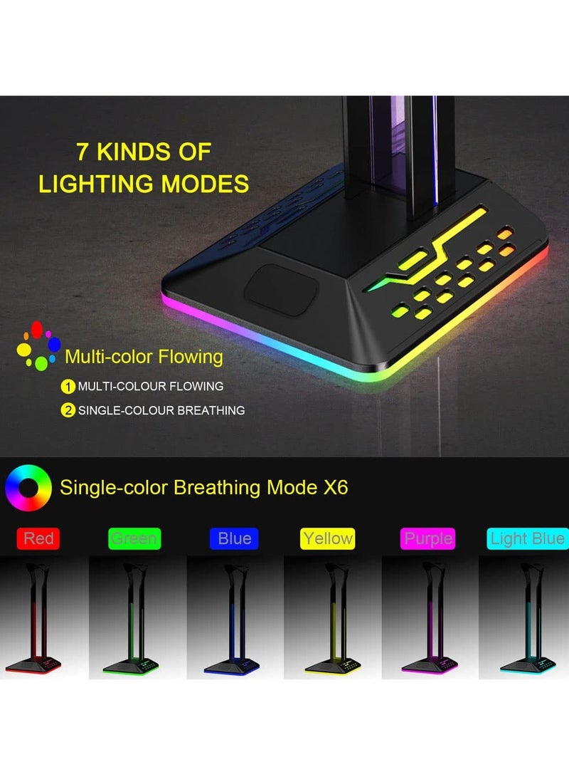 RGB Headphone Stand with 7 Light Modes, Headphone Holder with Type-c Input Port /2 USB Output Ports, Gaming Headset Stand with Non-Slip, Suitable for Gamer Gifts Earphones Accessories