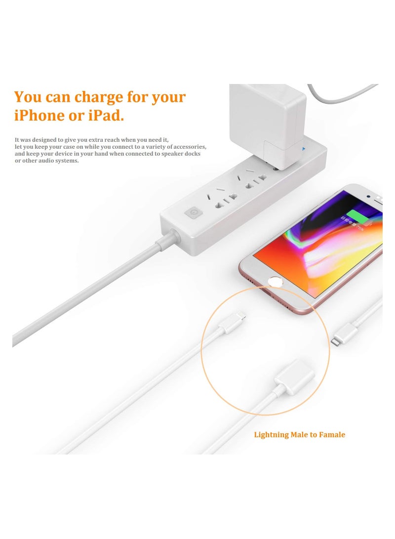Charger Extension Cable, for iPhone/iPad, Extender Dock Cable for Male to Female Cable Extension Adapter Pass Video, Data, Audio(6.6FT/1M*2 White)
