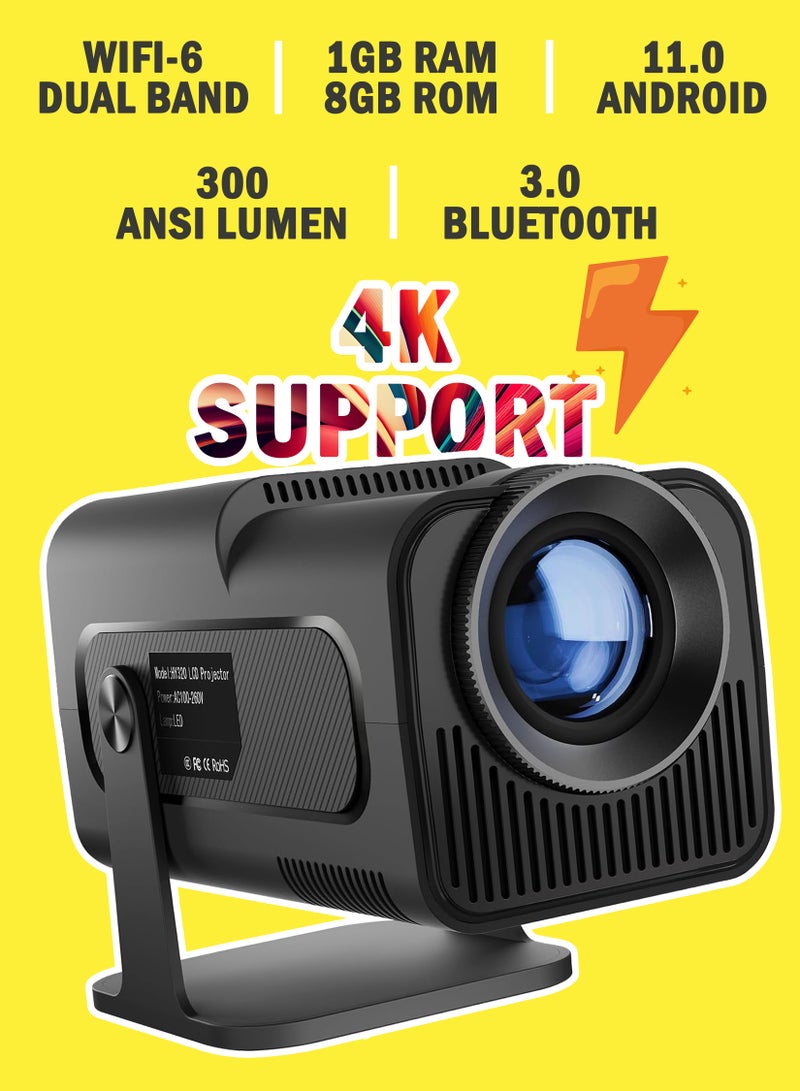 4K HD Smart Projector: Android 11, 390 ANSI Lumens, 1080P, 180° Rotating Screen, WiFi 6, Bluetooth 5.0 Compatible With Android/iOS/TV Box/HDMI/USB/PS4/PS5 Game controller/iphone/Samsung/Huawei/Xiaomi