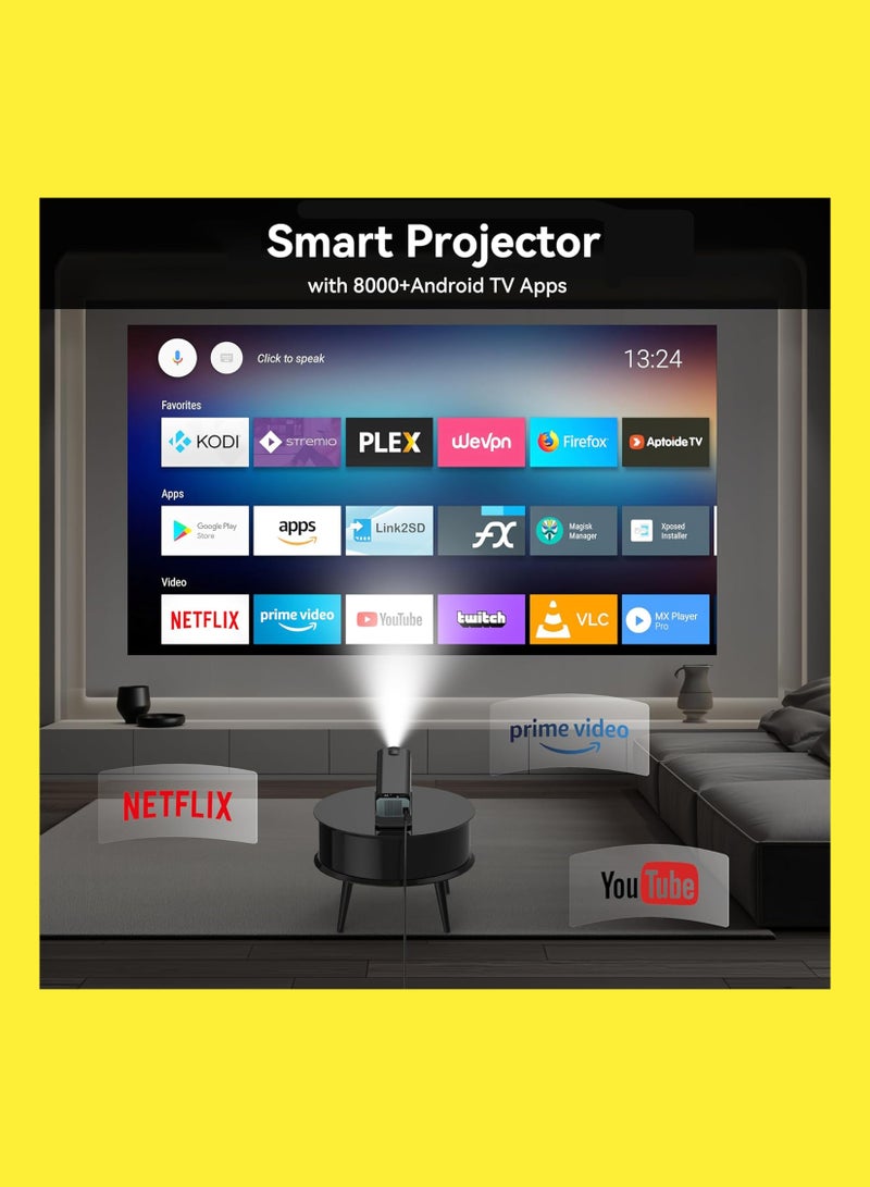 4K HD Smart Projector: Android 11, 390 ANSI Lumens, 1080P, 180° Rotating Screen, WiFi 6, Bluetooth 5.0 Compatible With Android/iOS/TV Box/HDMI/USB/PS4/PS5 Game controller/iphone/Samsung/Huawei/Xiaomi