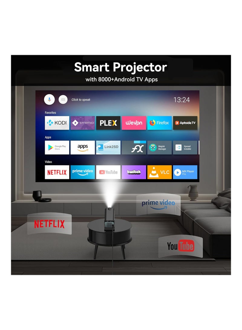 4K HD Smart Projector: Android 11, 390 ANSI Lumens, 1080P, 180° Rotating Screen, WiFi 6, Bluetooth 5.0