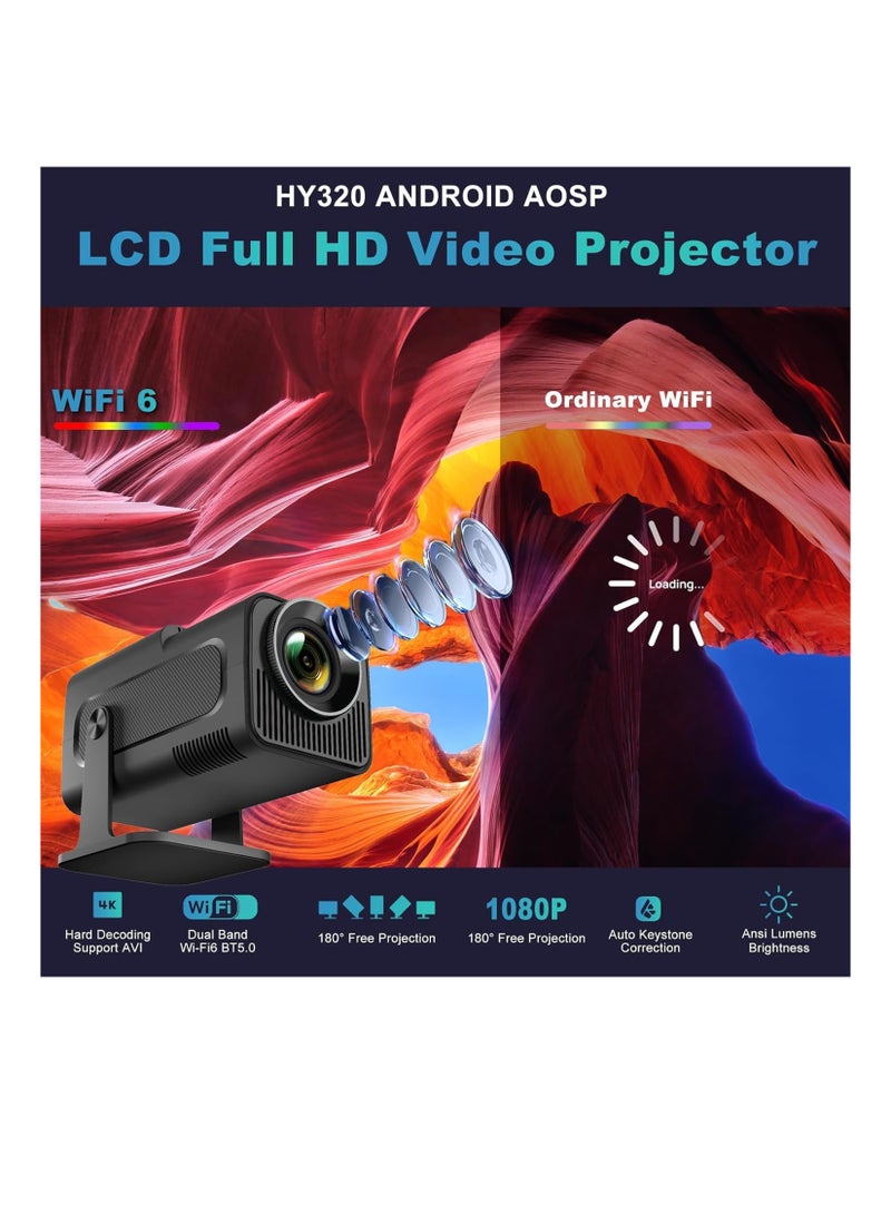 4K HD Smart Projector: Android 11, 390 ANSI Lumens, 1080P, 180° Rotating Screen, WiFi 6, Bluetooth 5.0