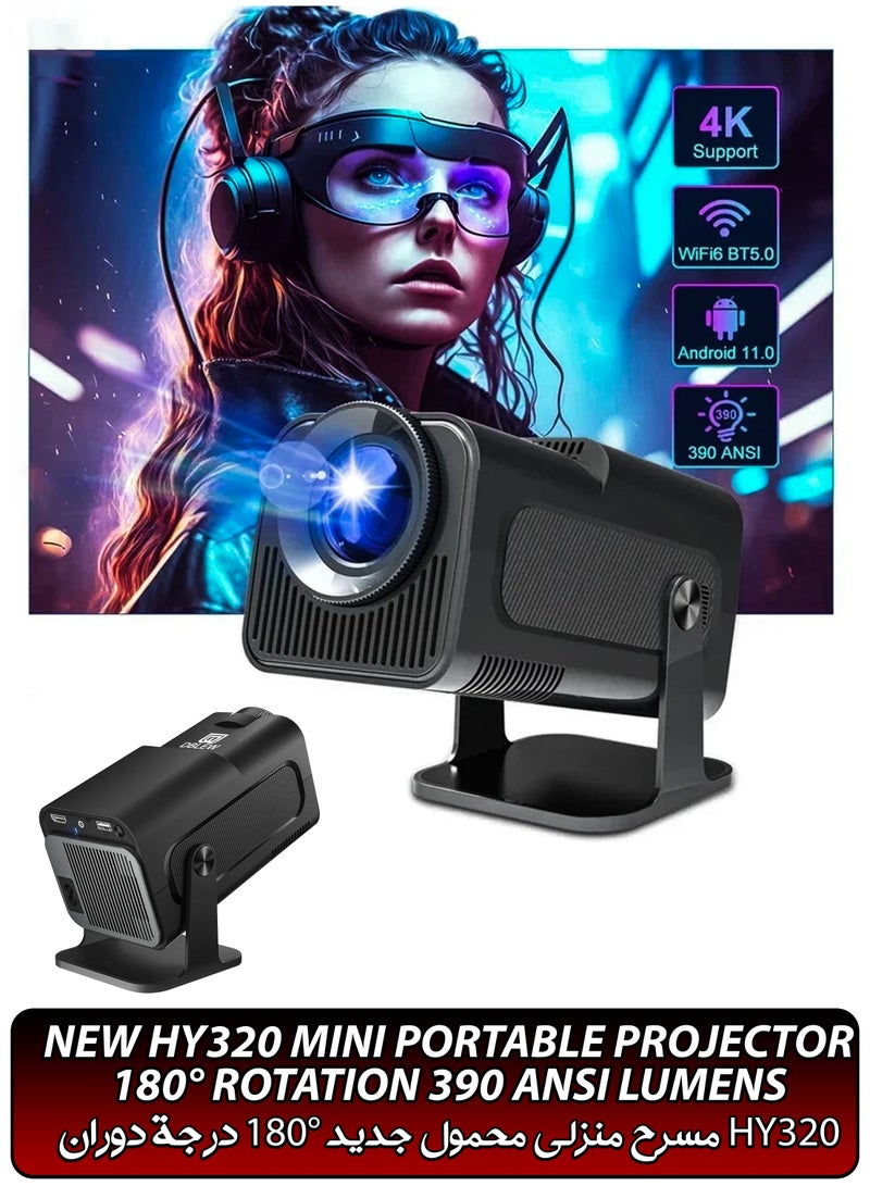 390ANSI Lumens HD Smart Projector Android 11 Portable Mini Cinema 130 Inches Screen Display Lamp 4K Home Movie Theater Gaming Video Presentations 180 Degree Rotating Screen Mobile Phone Projection