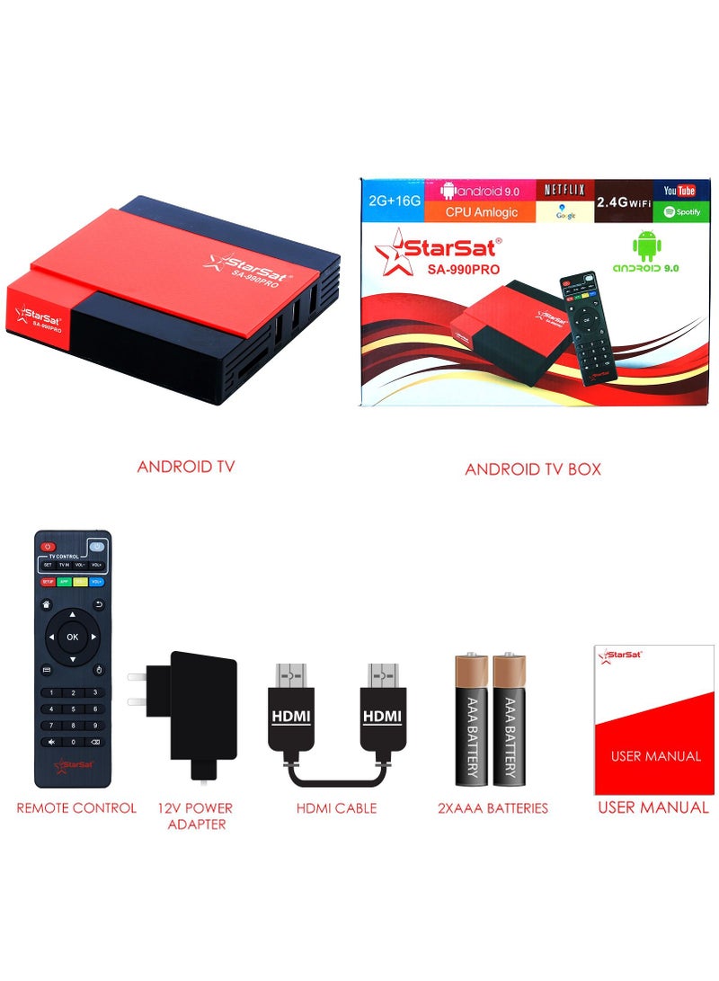 StarSat SA-990PRO 4K Smart TV Box Android 9.0 2GB 16GB WiFi BT USB LAN Media Box Black Red