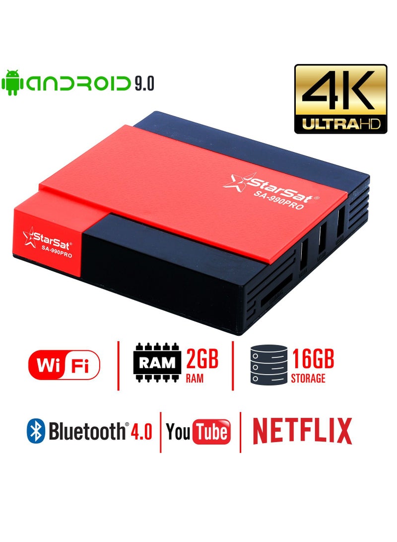 StarSat SA-990PRO 4K Smart TV Box Android 9.0 2GB 16GB WiFi BT USB LAN Media Box Black Red