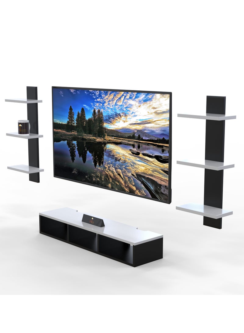 Wooden Wall Mounted TV Unit, Cabinet, with TV Stand Unit Wall Shelf for Living Room (Black & White)