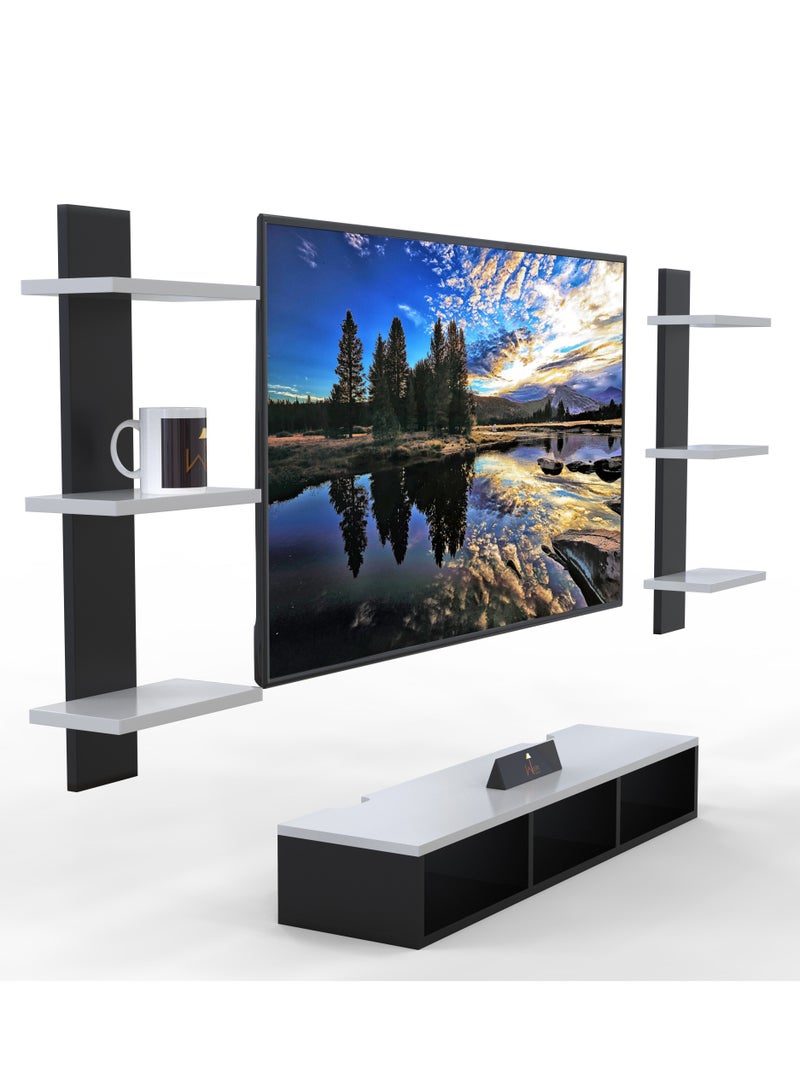 Wooden Wall Mounted TV Unit, Cabinet, with TV Stand Unit Wall Shelf for Living Room (Black & White)