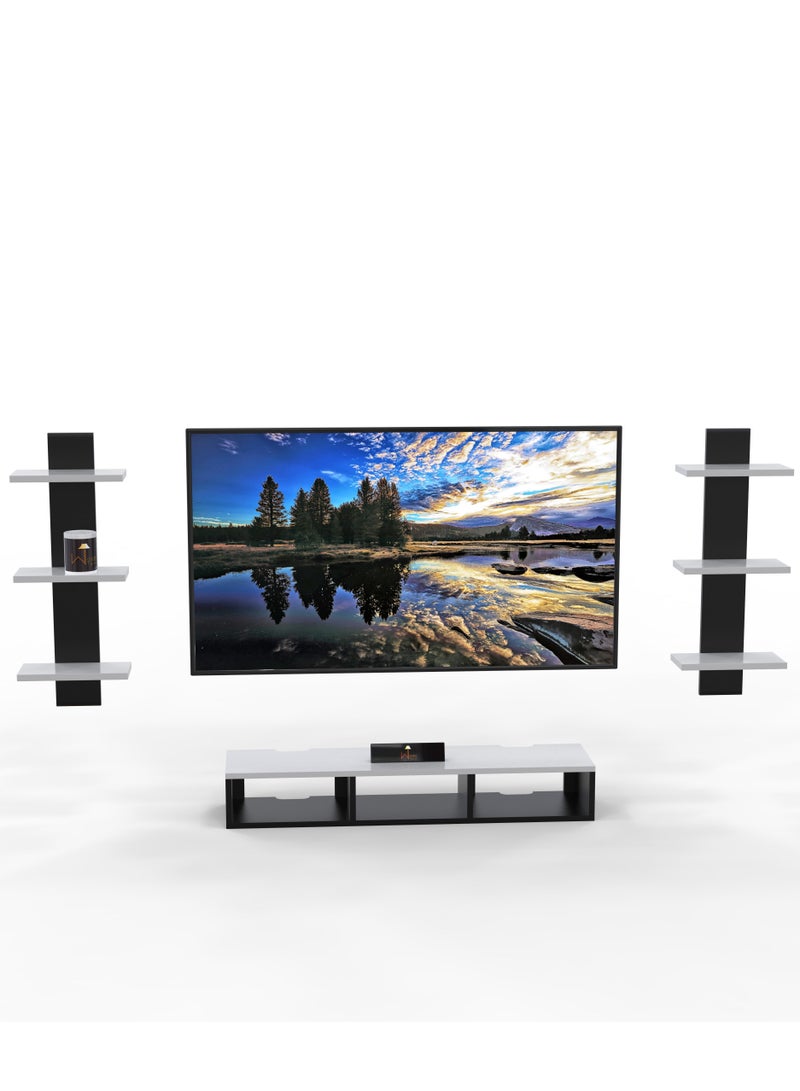 Wooden Wall Mounted TV Unit, Cabinet, with TV Stand Unit Wall Shelf for Living Room (Black & White)
