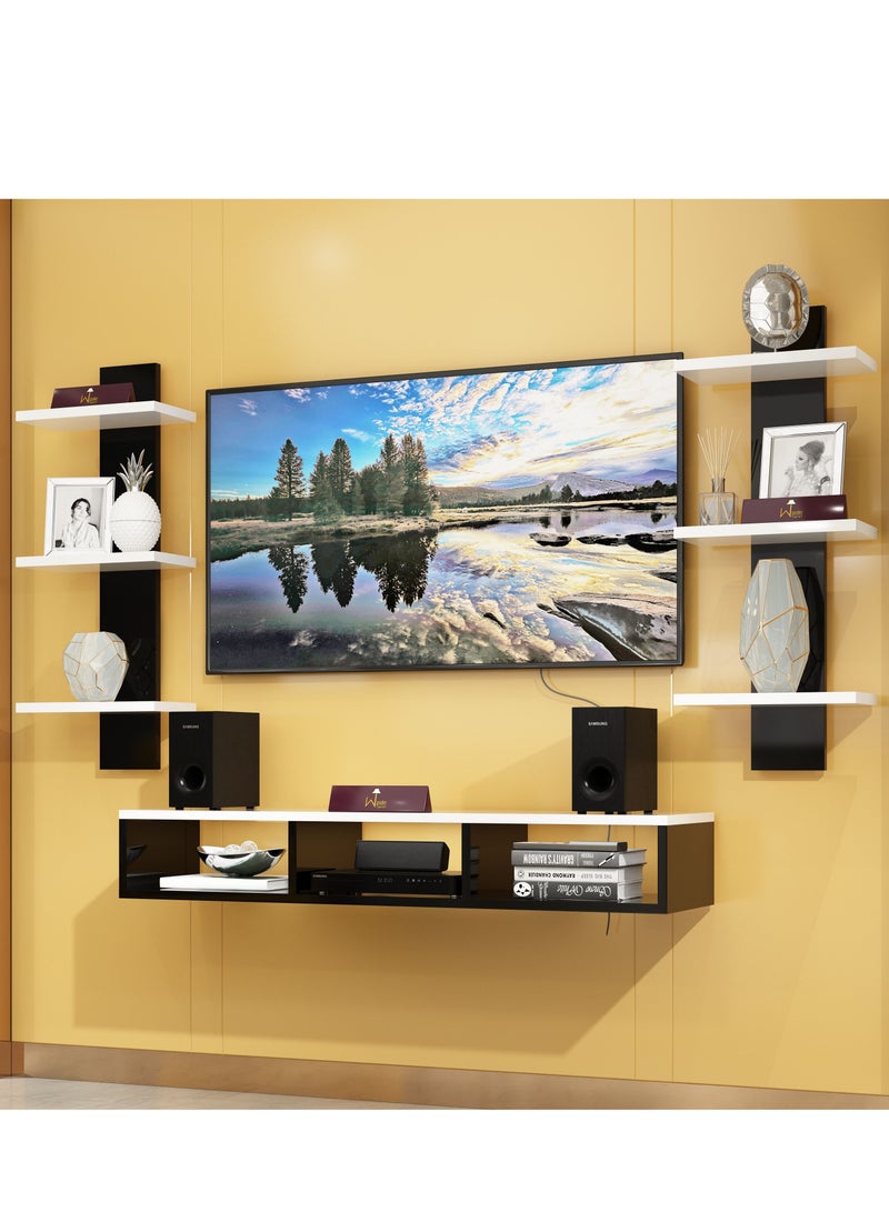 Wooden Wall Mounted TV Unit, Cabinet, with TV Stand Unit Wall Shelf for Living Room (Black & White)