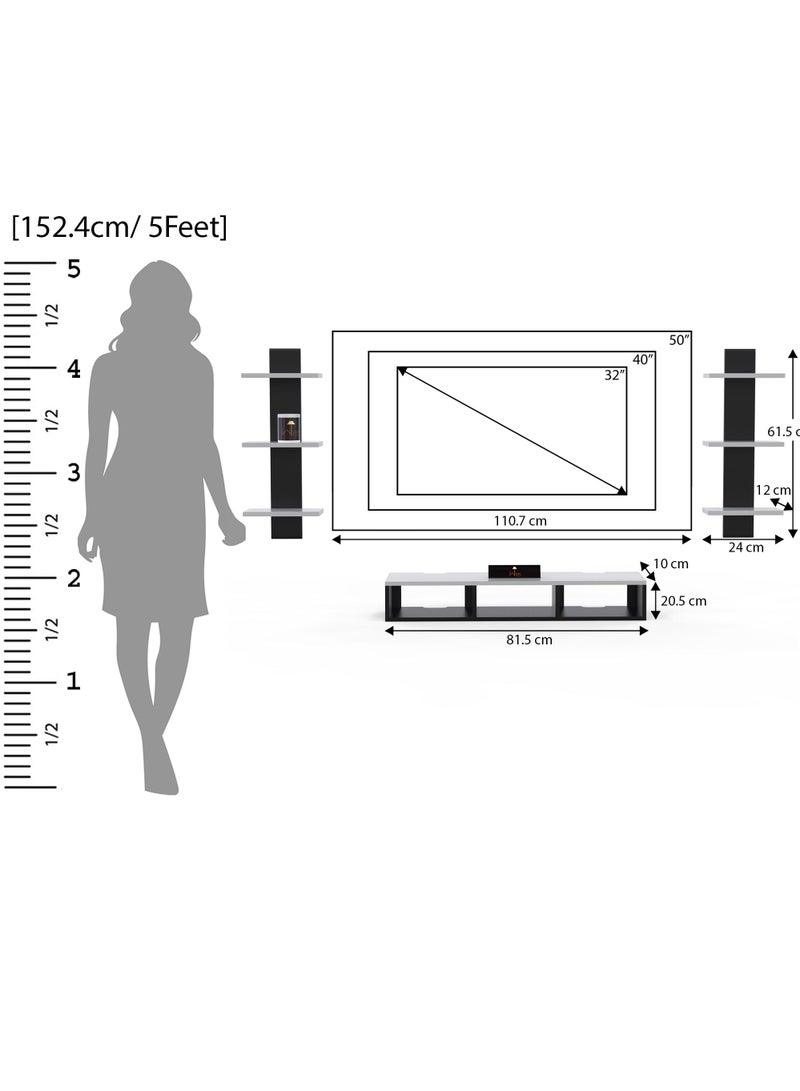 Wooden Wall Mounted TV Unit, Cabinet, with TV Stand Unit Wall Shelf for Living Room (Black & White)