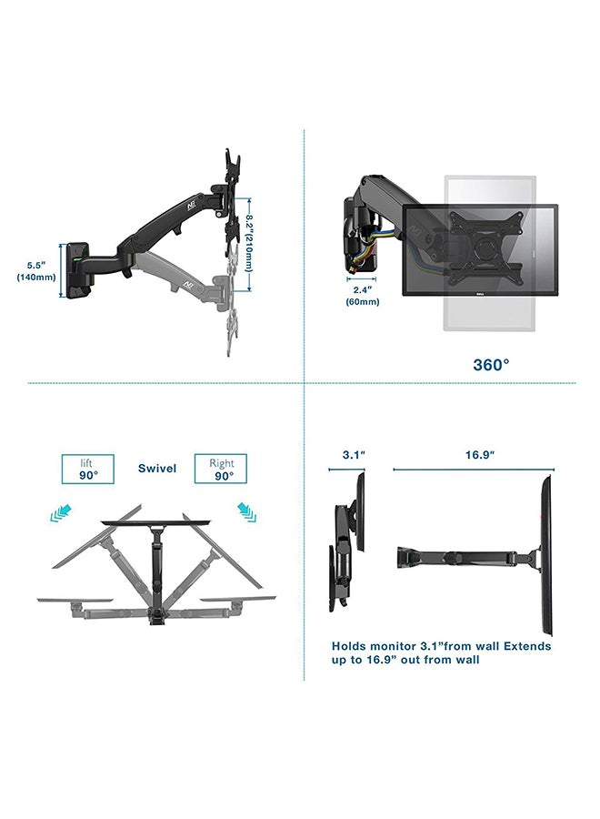 Full-Motion TV Wall Mount With Gas Spring For 24 - 35 Inch Monitors Black