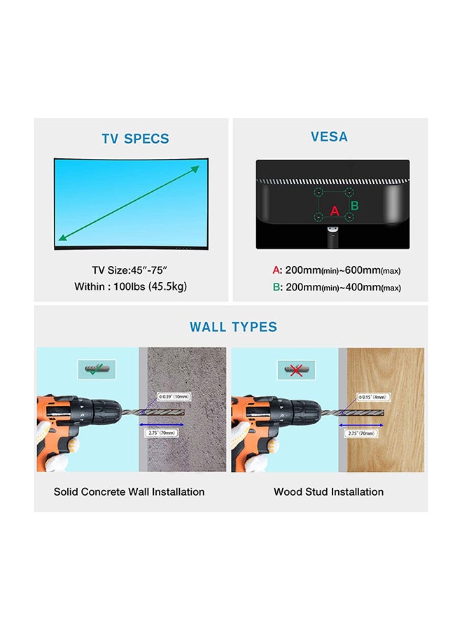 Full Motion TV Wall Mount For 45-75 Inch Screens Black