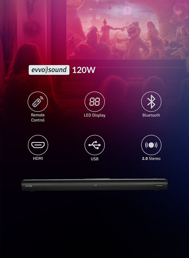 2.0ch Single Soundbar With Bluetooth And LED Display 120W EVAUD-SB120B Black