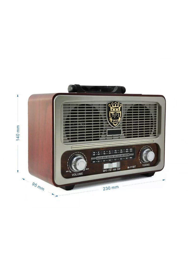 M-111 Portable Vintage Shortwave Radio with Bluetooth Speaker Rechargeable Battery