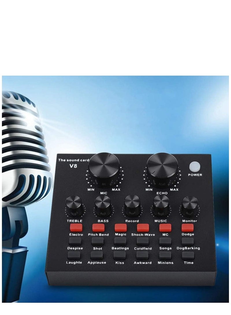 USB V8 Live External Sound Mixer Board with Voice Changer and Multiple Sound Effects ideal for Live Recording Home KTV and Voice Chat