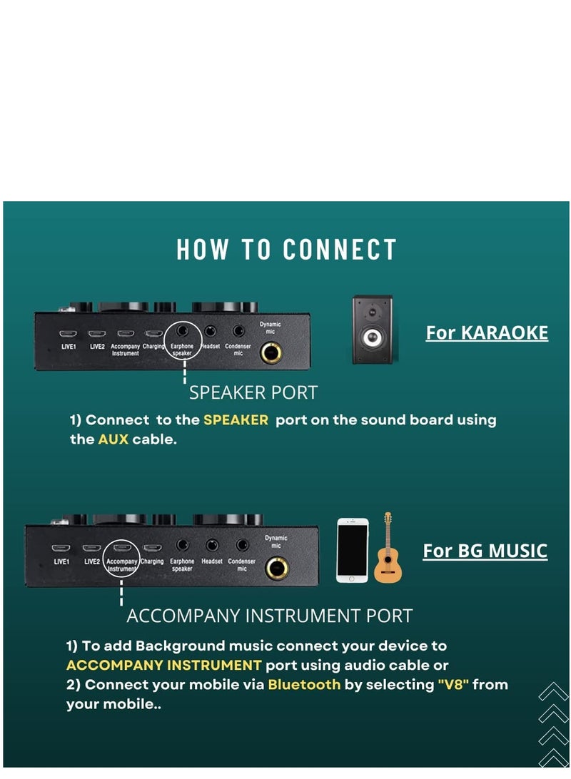 USB V8 Live External Sound Mixer Board with Voice Changer and Multiple Sound Effects ideal for Live Recording Home KTV and Voice Chat