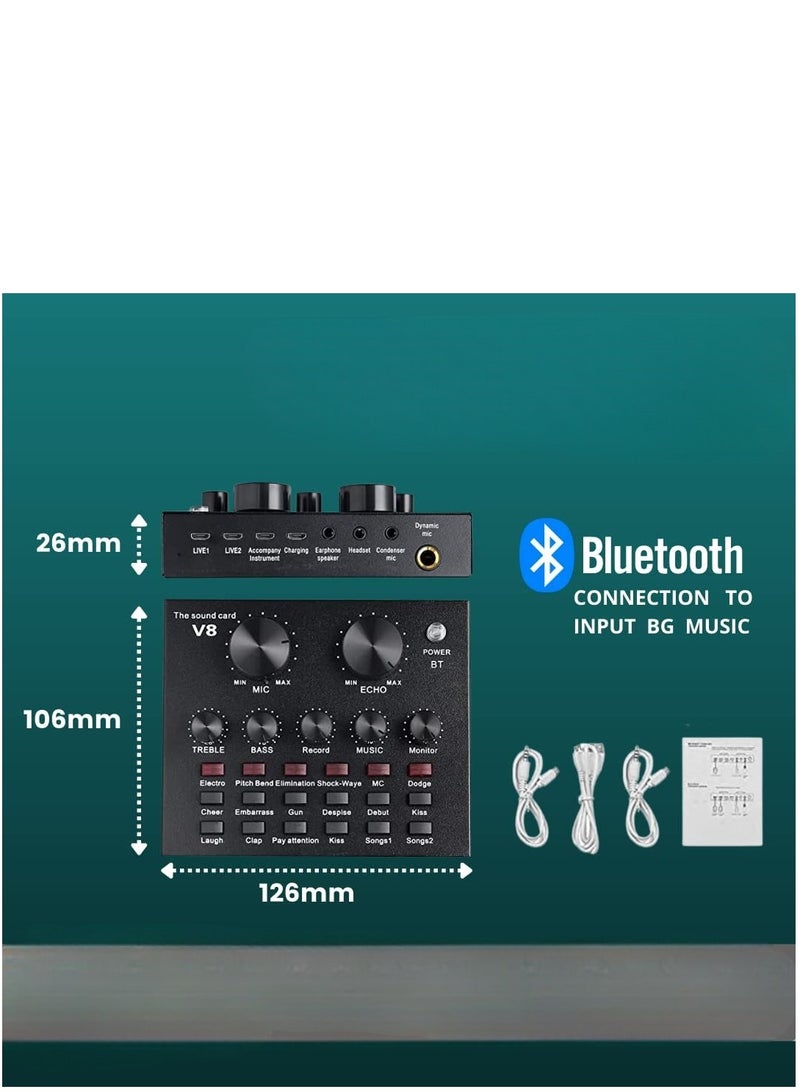 USB V8 Live External Sound Mixer Board with Voice Changer and Multiple Sound Effects ideal for Live Recording Home KTV and Voice Chat