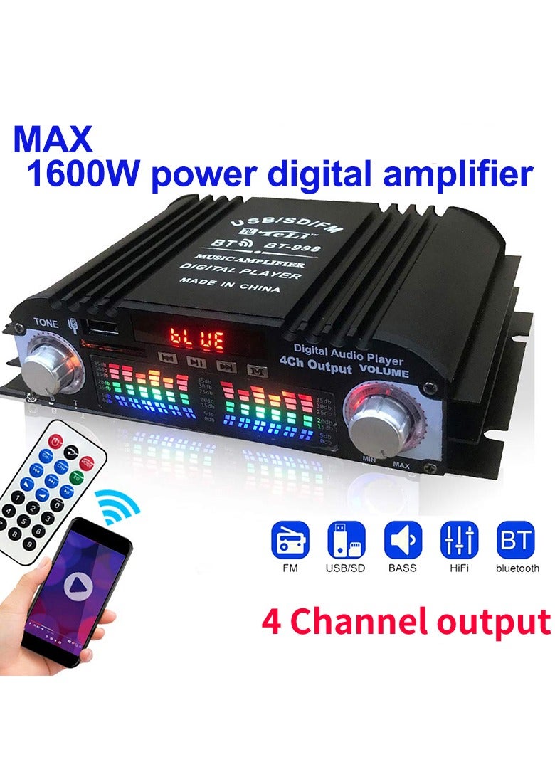 HiFi Sound Amplifier Digital 4 Channel Audio Amplifier Bluetooth Karaoke Player FM Radio Support Remote Control