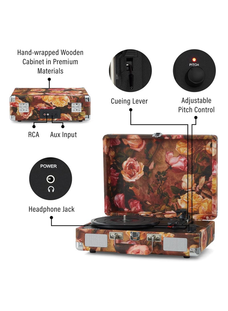 Crosley CR8005F-FL Cruiser Plus Vintage 3-Speed Bluetooth in/Out Suitcase Vinyl Record Player Turntable, Floral