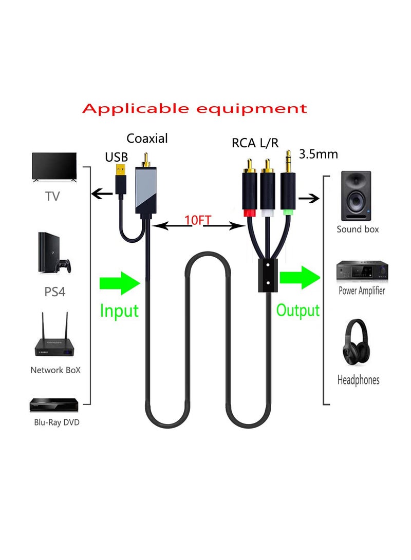 Digital Coaxial to Analog 3.5mm AUX Audio Cable, Coaxial to 2 RCA Adapter, All-in-one D/A Audio Converter for TV PS4 Xbox one Network Box Blu-ray DVD to Sound Box Amplifier Headphone (10FT)