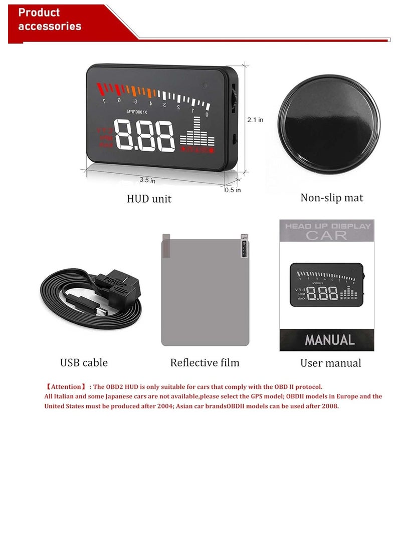 Heads up Display for Car Upgrade Digital Speedometer HD Projection With Speed Tacho Water Temperature Altitude Driving Direction Warning Function For Most Vehicles After 2008