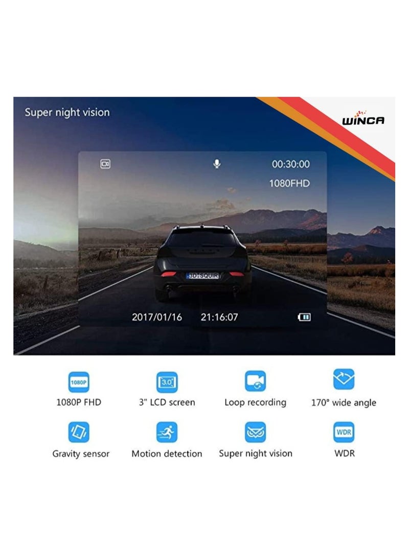 WINCA Dash Cam 1080P 3”IPS Screen DVR Car Driving Recorder Wide Angle HDR Dashboard Camera Night Vision Parking Mode Motion Detection Loop Recording Support TF up to 128G WIFI – Phone APP