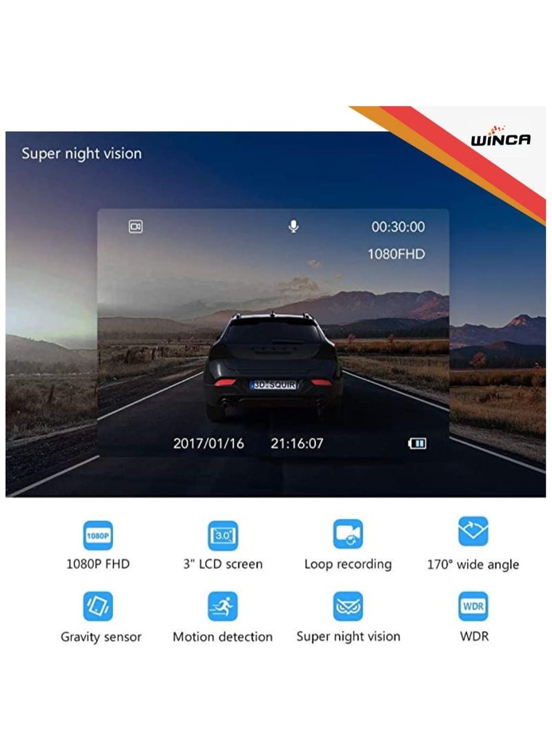 WINCA Dash Cam 1080P 3”IPS Screen DVR Car Driving Recorder Wide Angle HDR Dashboard Camera Night Vision Parking Mode Motion Detection Loop Recording WIFI – Phone APP
