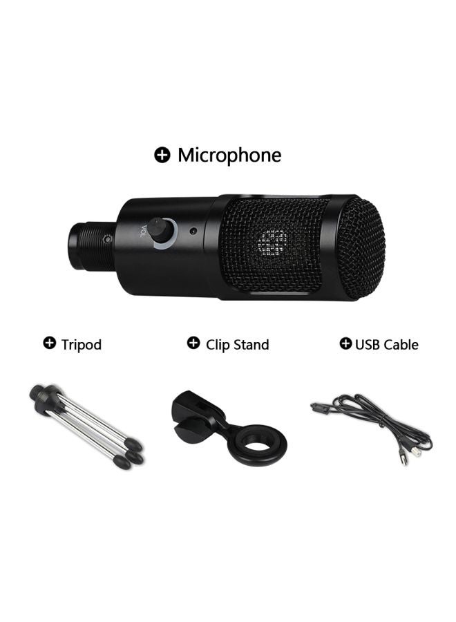 USB Condenser Microphone With Clip Stand And Tripod V7619 Black