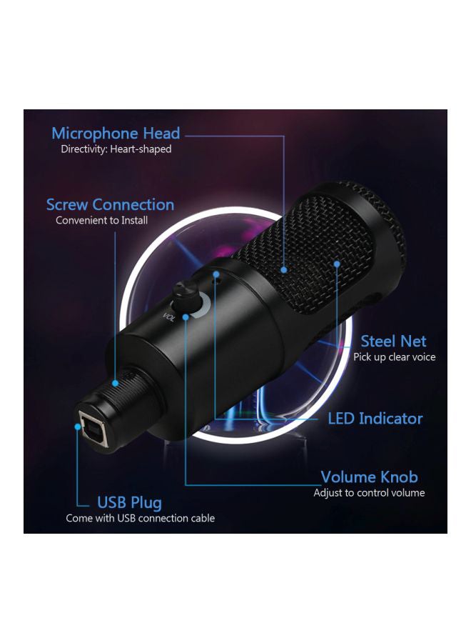 USB Condenser Microphone With Clip Stand And Tripod V7619 Black