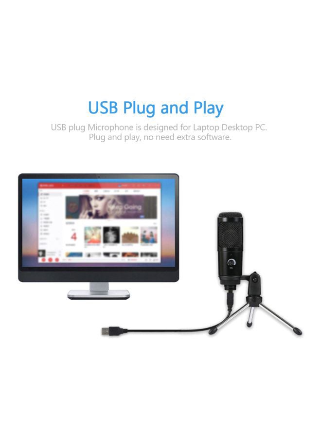 USB Condenser Microphone With Clip Stand And Tripod V7619 Black