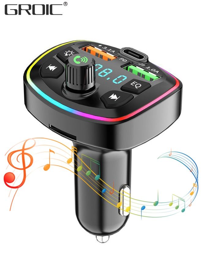 QC3.0 Bluetooth FM Transmitter for Car,Dual USB Charger Bluetooth Car Adapter Wireless Radio with 7-Color LED Backlit Light, Hands-Free Calling,Cigarette Lighter Radio