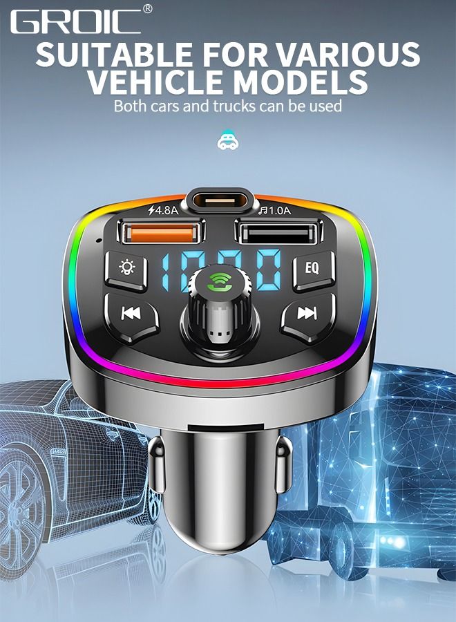 QC3.0 Bluetooth FM Transmitter for Car,Dual USB Charger Bluetooth Car Adapter Wireless Radio with 7-Color LED Backlit Light, Hands-Free Calling,Cigarette Lighter Radio