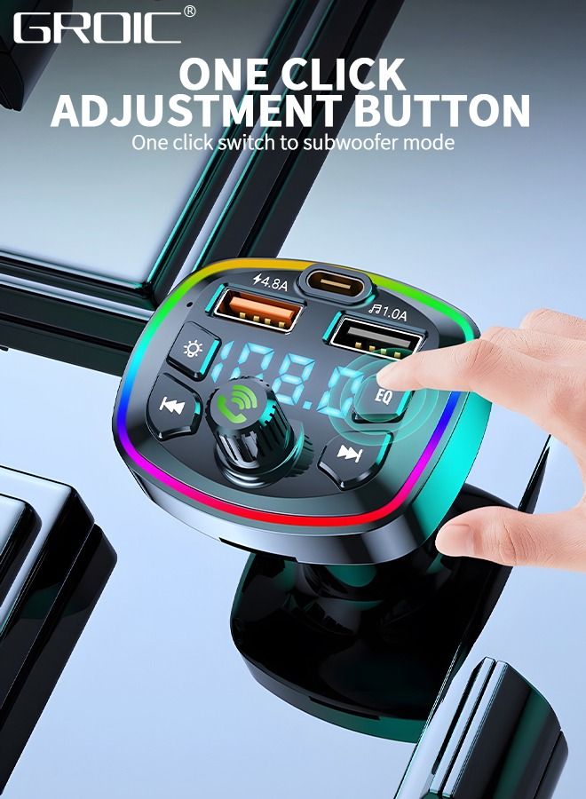 QC3.0 Bluetooth FM Transmitter for Car,Dual USB Charger Bluetooth Car Adapter Wireless Radio with 7-Color LED Backlit Light, Hands-Free Calling,Cigarette Lighter Radio
