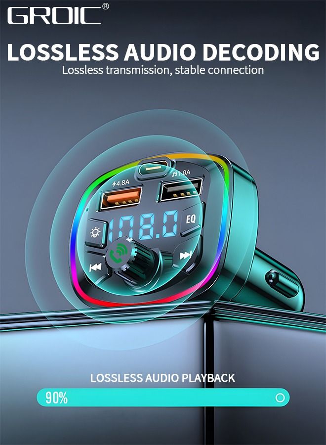 QC3.0 Bluetooth FM Transmitter for Car,Dual USB Charger Bluetooth Car Adapter Wireless Radio with 7-Color LED Backlit Light, Hands-Free Calling,Cigarette Lighter Radio
