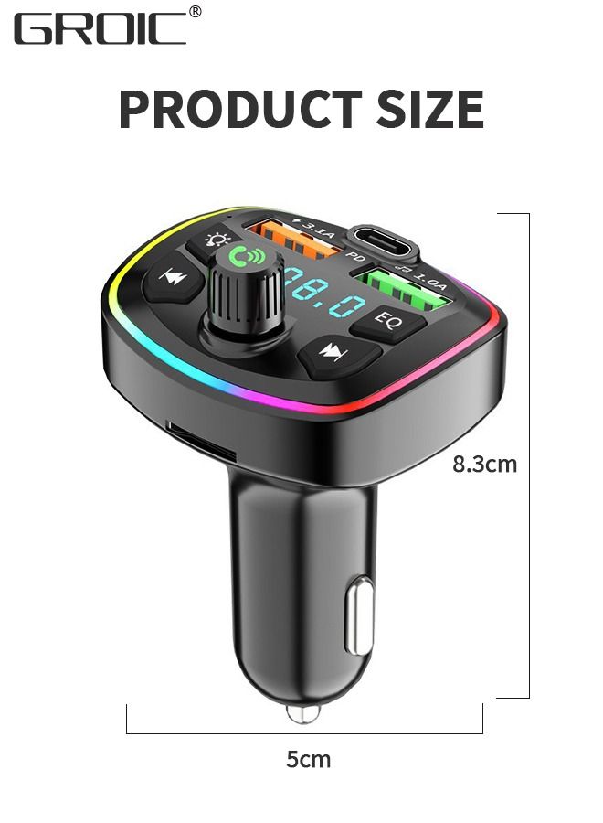 QC3.0 Bluetooth FM Transmitter for Car,Dual USB Charger Bluetooth Car Adapter Wireless Radio with 7-Color LED Backlit Light, Hands-Free Calling,Cigarette Lighter Radio