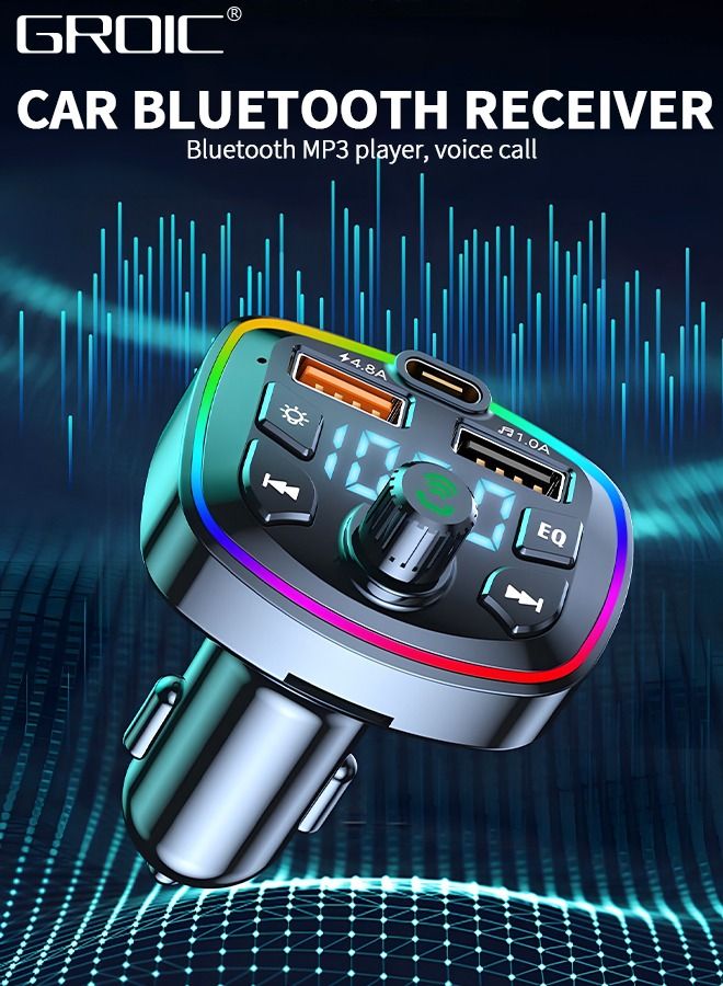 QC3.0 Bluetooth FM Transmitter for Car,Dual USB Charger Bluetooth Car Adapter Wireless Radio with 7-Color LED Backlit Light, Hands-Free Calling,Cigarette Lighter Radio
