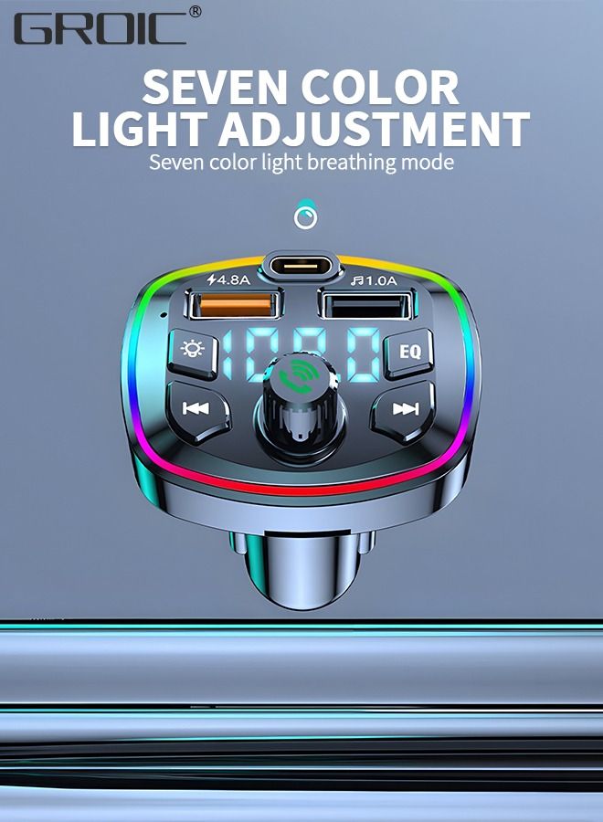 QC3.0 Bluetooth FM Transmitter for Car,Dual USB Charger Bluetooth Car Adapter Wireless Radio with 7-Color LED Backlit Light, Hands-Free Calling,Cigarette Lighter Radio
