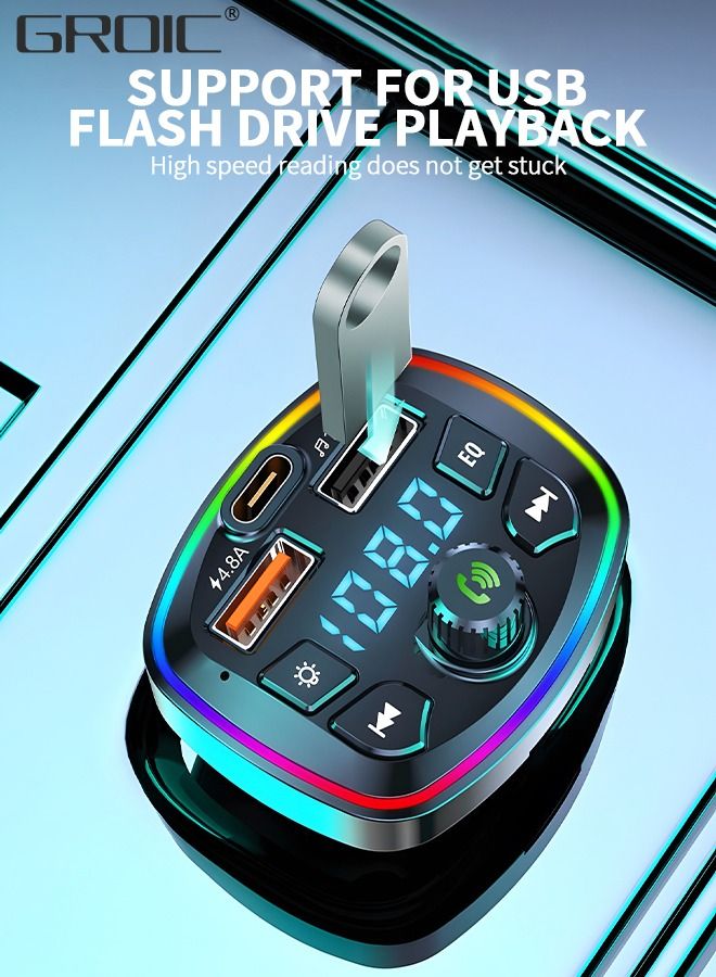 QC3.0 Bluetooth FM Transmitter for Car,Dual USB Charger Bluetooth Car Adapter Wireless Radio with 7-Color LED Backlit Light, Hands-Free Calling,Cigarette Lighter Radio