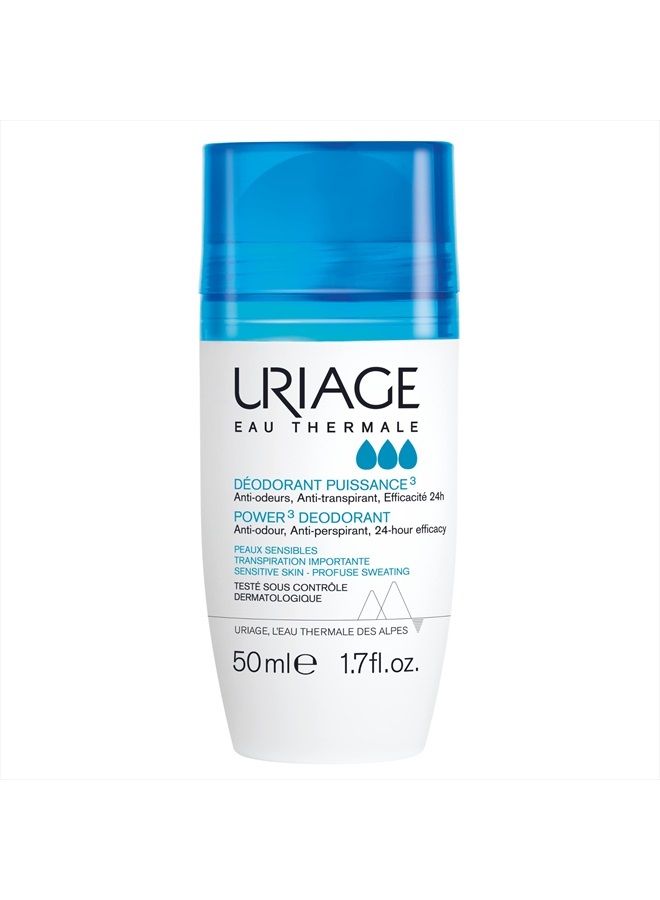 URIAGE Power 3 Clinical Strength Antiperspirant Deodorant 1.7 fl.oz. | Roll-On Protection for Excessive Armpit Sweat | Men and Women | Combats Odor and Provides a Fresh, Clean Feeling for 24hr