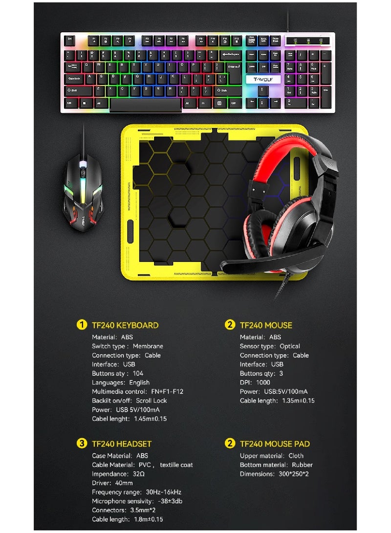 4 in1 Gaming Keyboard Whit Mouse pad Mouse Gaming Headset Wired Led Rgb Backlight Bundle For Pc Gamers and Xbox and PS4 TF240