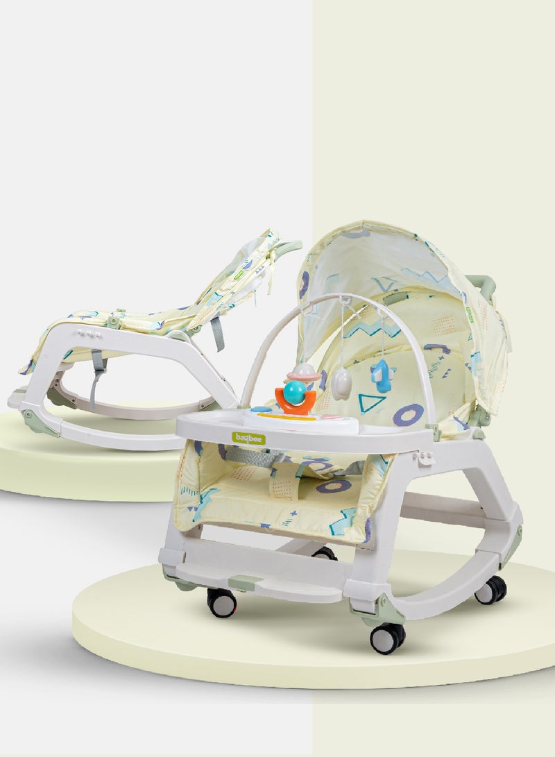 Baybee 5 in 1 Baby Rocking Chair for Kids with Hanging Toys Baby Dining Booster Seat with Multi Position Recline, Music, Wheels & Food Tray Rocker Chair for Babies 0 to 2 Years Boys Girls Green