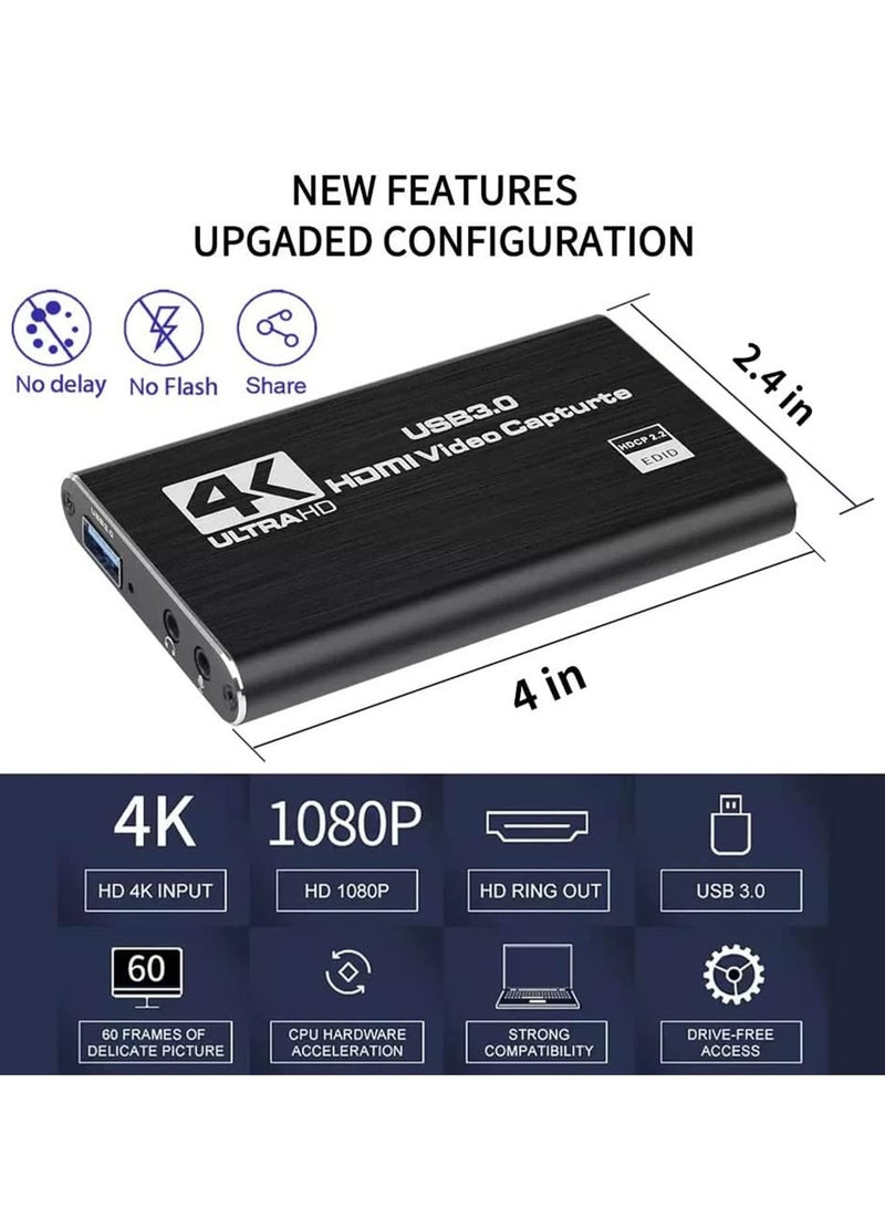4K Video Capture Card, USB 3.0 1080P 60fps HDMI Audio Video Capture Device, Full HD 1080P for Game Recording, Live Streaming Broadcasting