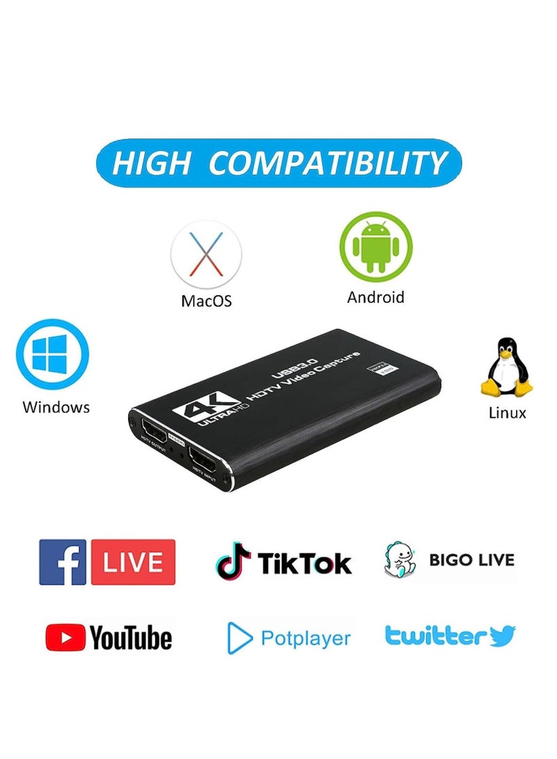 4K Video Capture Card, USB 3.0 1080P 60fps HDMI Audio Video Capture Device, Full HD 1080P for Game Recording, Live Streaming Broadcasting