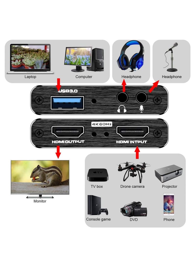 4K Video Capture Card, USB 3.0 1080P 60fps HDMI Audio Video Capture Device, Full HD 1080P for Game Recording, Live Streaming Broadcasting