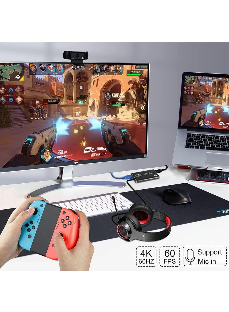 4K Video Capture Card, USB 3.0 1080P 60fps HDMI Audio Video Capture Device, Full HD 1080P for Game Recording, Live Streaming Broadcasting