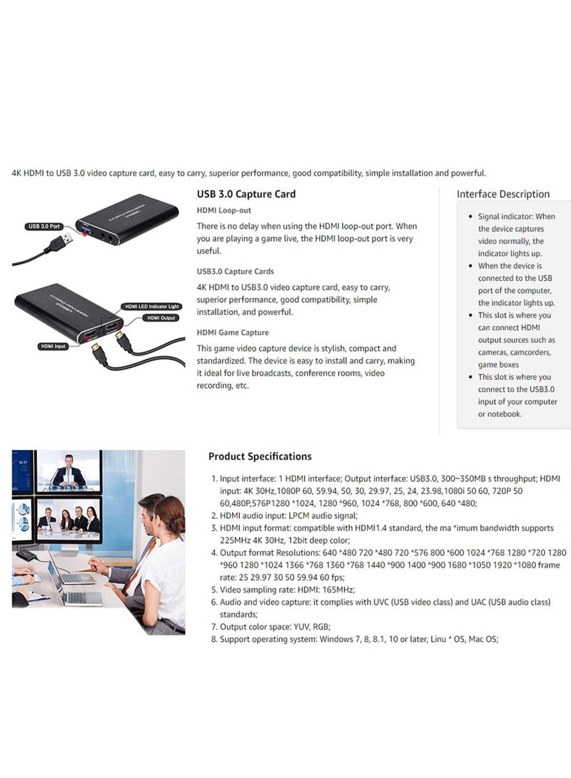 4K Video Capture Card, USB 3.0 1080P 60fps HDMI Audio Video Capture Device, Full HD 1080P for Game Recording, Live Streaming Broadcasting