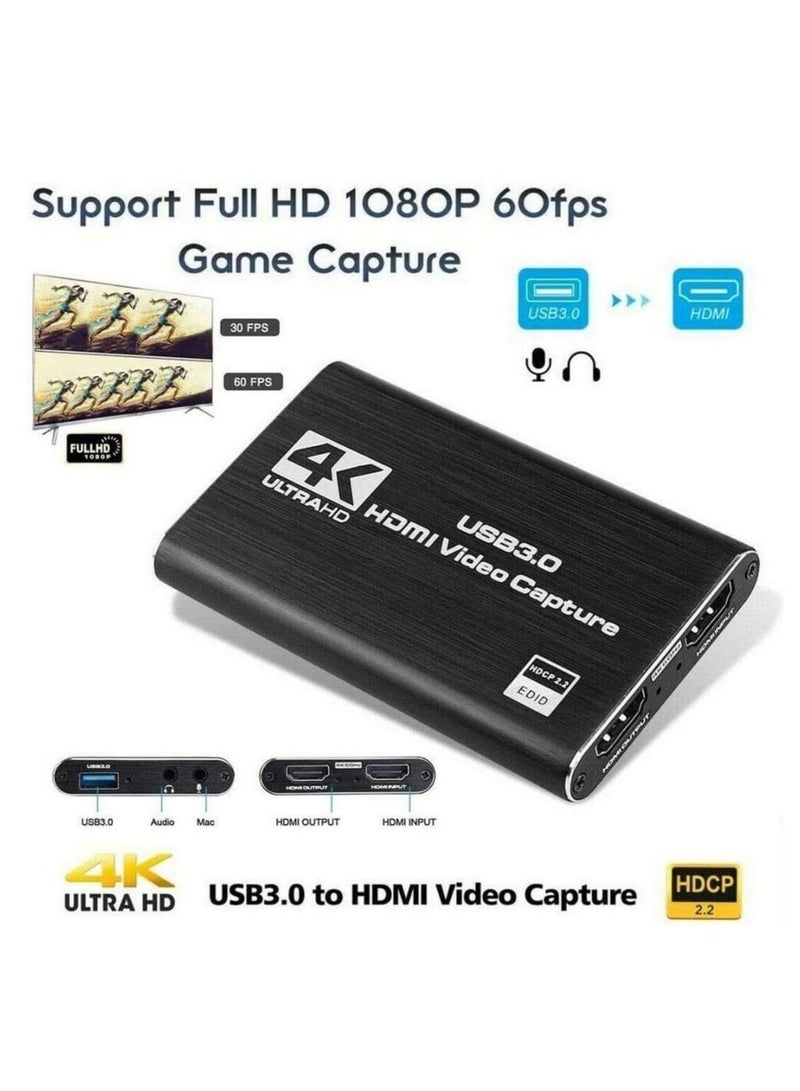 4K Video Capture Card, USB 3.0 1080P 60fps HDMI Audio Video Capture Device, Full HD 1080P for Game Recording, Live Streaming Broadcasting