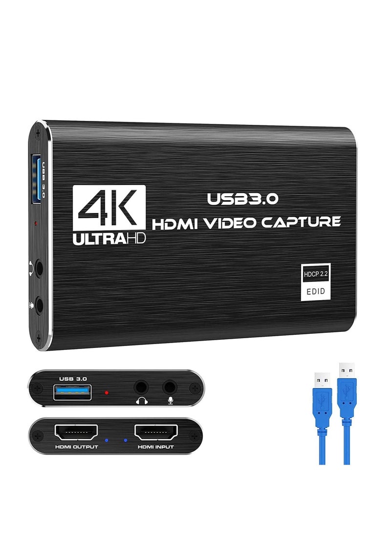 4K Video Capture Card, USB 3.0 1080P 60fps HDMI Audio Video Capture Device, Full HD 1080P for Game Recording, Live Streaming Broadcasting