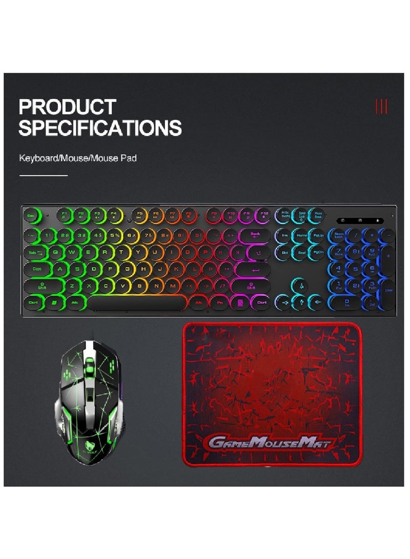 104 Key Wired Keyboard Mouse Combo Cool Rainbow Color Backlight Retro Punk Style Suspended Keycaps For Office Pc Gaming